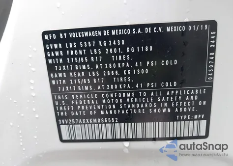 2019 Volkswagen Tiguan 2.0T Se/2.0T Sel/2.0T Sel R-Line/2.0T Sel R-Line Black z USA, uszkodzony, nr VIN 3VV2B7AXXKM085552